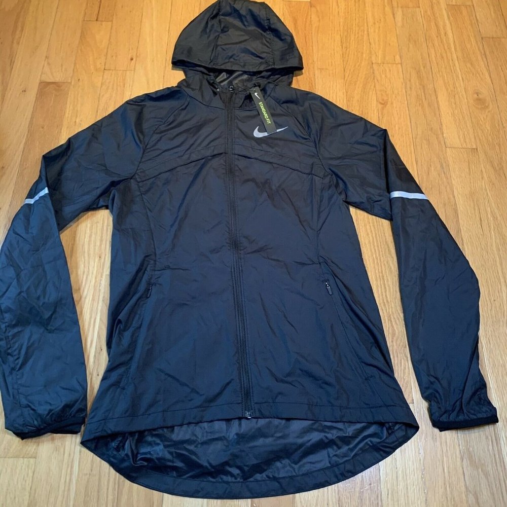 NIKE SHIELD FLASH HOODED BLACK RAIN RUNNING JACKET